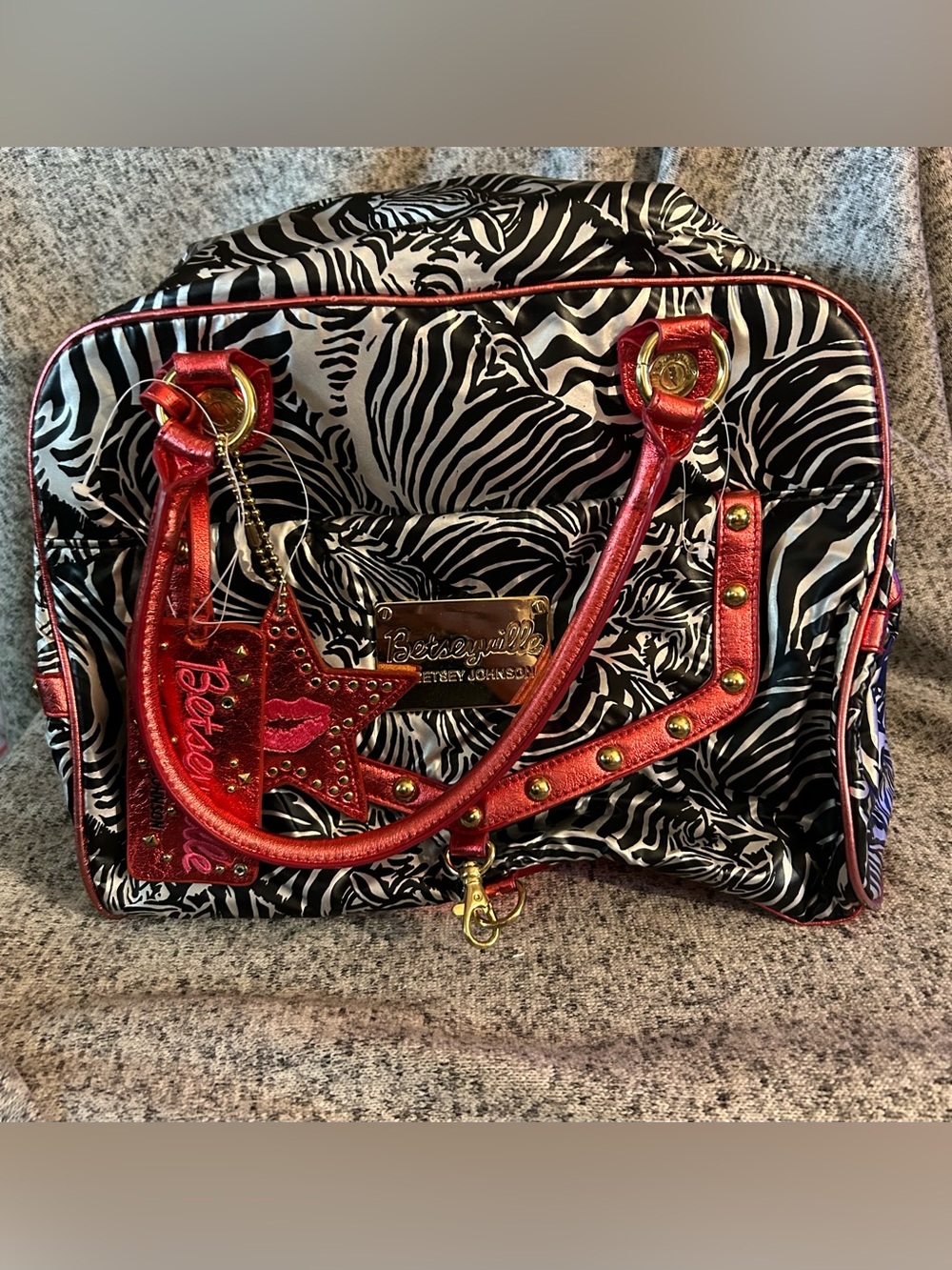 Vintage RARE Betseyville by Betsey Johnson Zebra Print Pink Trim Bowler Bag